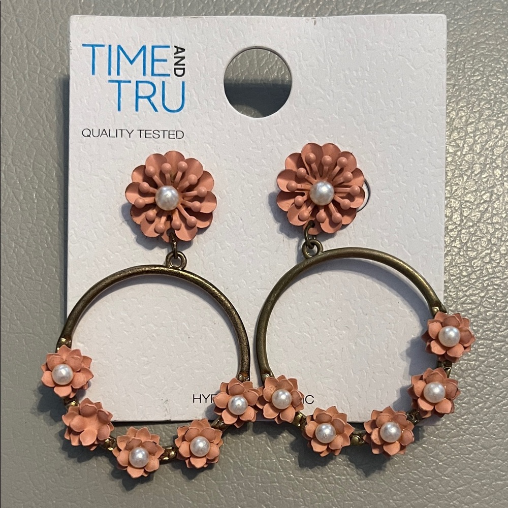 Time and Tru Blush Floral Hoop Earrings